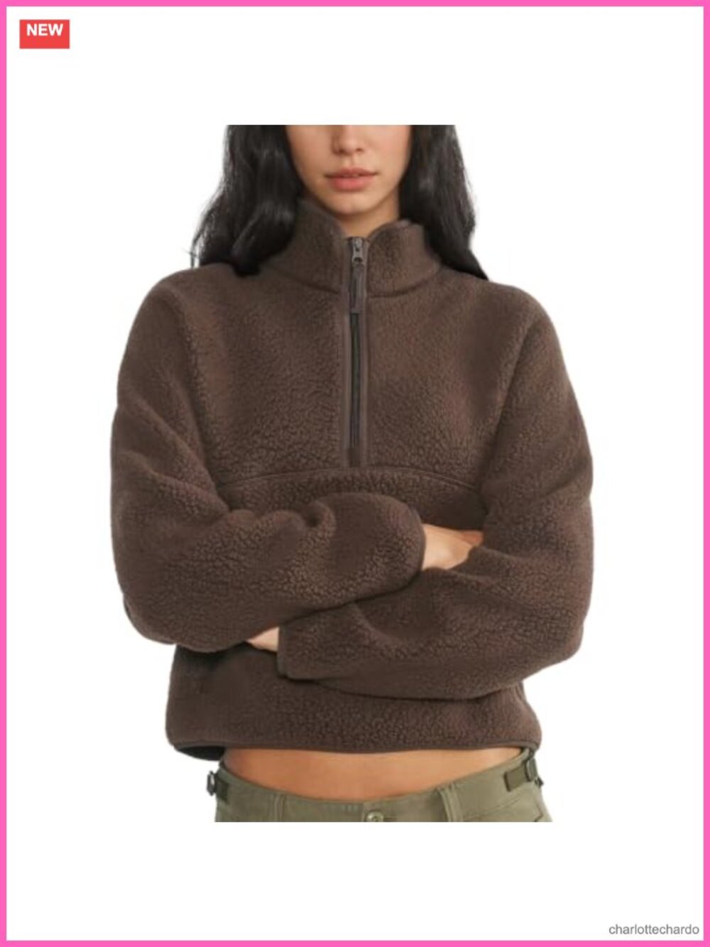 Fleece Half Zip Pullover Sherpa Jacket Pockets Loose Fit Mock Neck